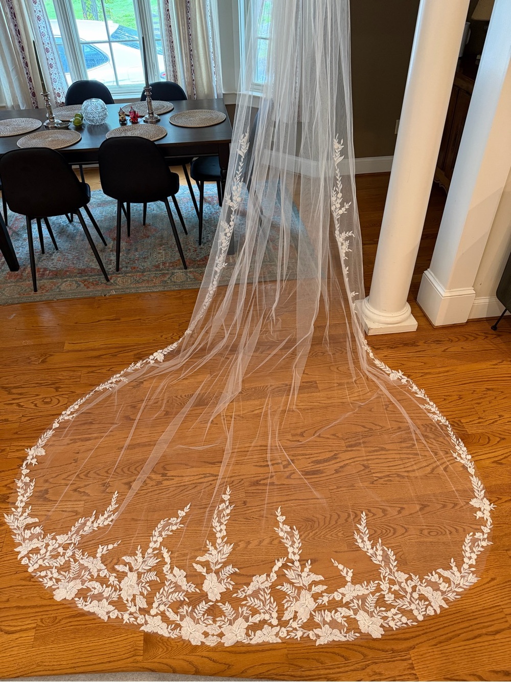 Ivory Cathedral-Length Wedding Veil with Floral Lace Border